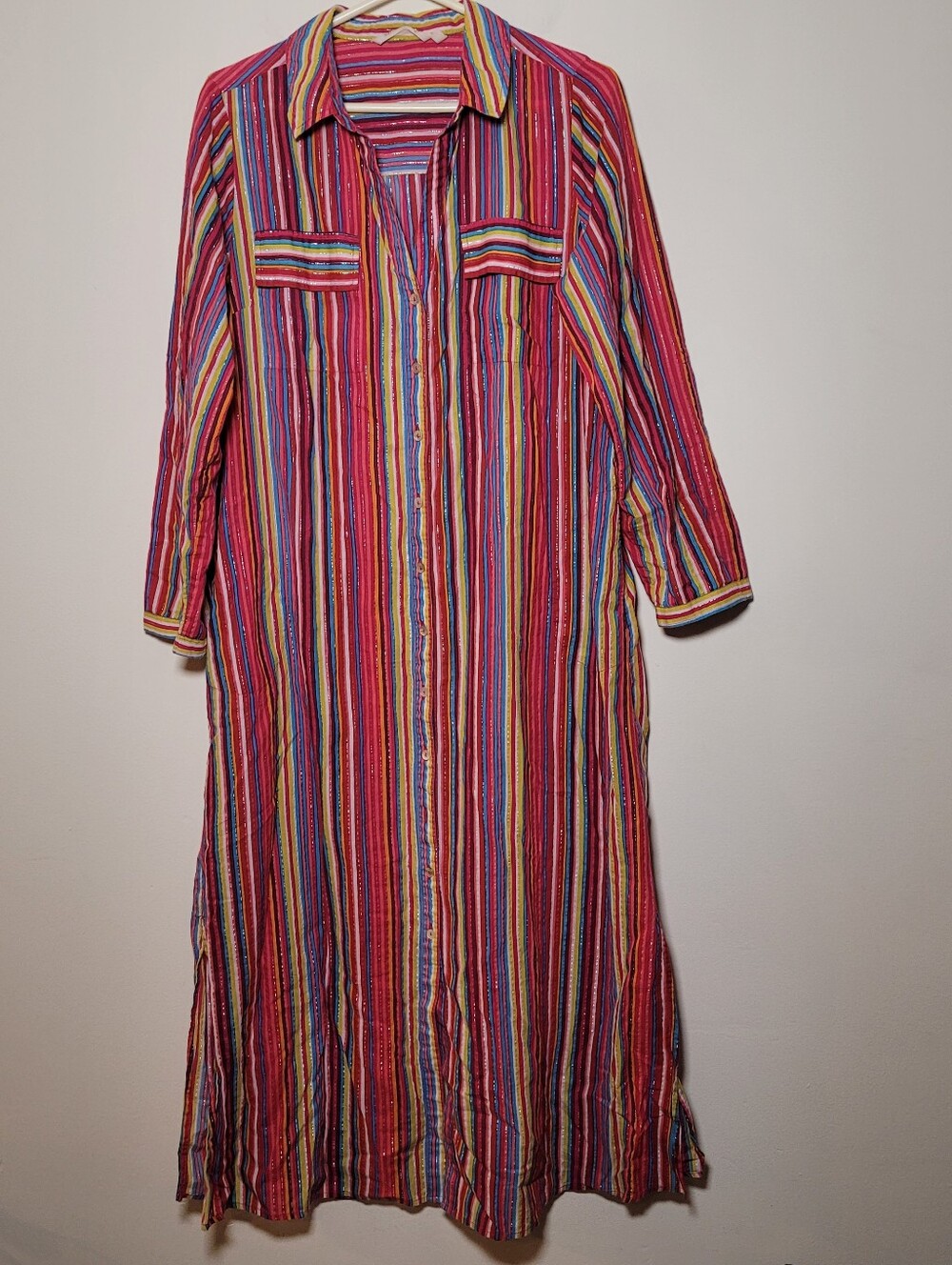 Soft Surroundings Maxi Shirt Dress Button Striped Boho Hippie Colorful Large